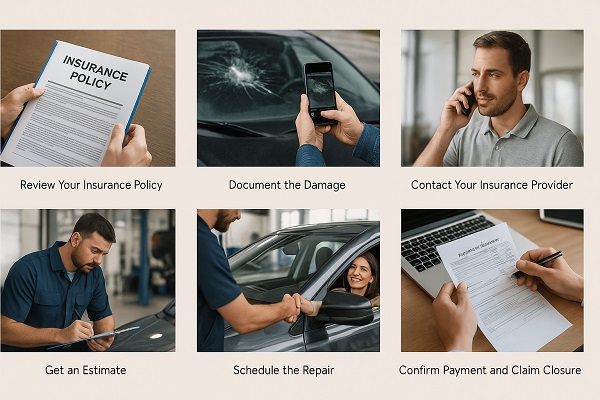 A wide six-step photo collage illustrating how to file a comprehensive auto glass insurance claim, showing scenes of reviewing a policy, photographing windshield damage, calling an insurance provider, receiving an estimate, scheduling a repair, and signing claim paperwork.