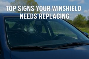 Cracked car windshield under clear blue sky with text overlay “Top Signs Your Windshield Needs Replacing.”