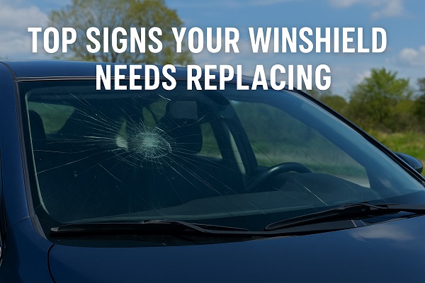 Cracked car windshield under clear blue sky with text overlay “Top Signs Your Windshield Needs Replacing.”