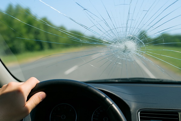 Driver’s view through a cracked windshield, showing reduced visibility on a sunny road.
