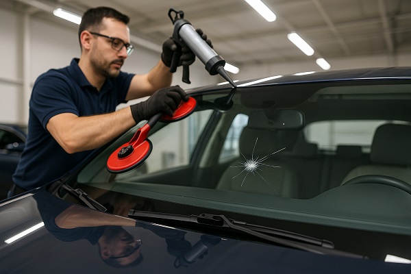 Auto glass technician repairing a cracked car windshield in a clean, modern workshop.