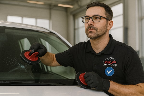SLP Auto Glass technician replacing a cracked windshield using suction tools in a bright workshop.