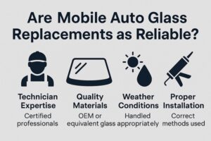 Wide infographic showing “Are Mobile Auto Glass Replacements as Reliable?” with icons for technician expertise, quality materials, weather conditions, and proper installation.