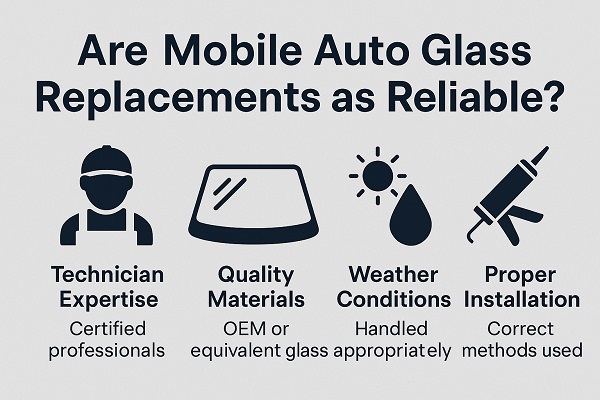 Wide infographic showing “Are Mobile Auto Glass Replacements as Reliable?” with icons for technician expertise, quality materials, weather conditions, and proper installation.