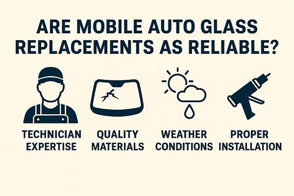 A professional mobile auto glass technician installing a new windshield on an SUV outside a home while a smiling customer observes.