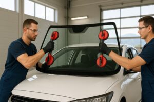Two technicians replacing a windshield on a white car inside a Denver auto repair shop with mountain views outside.