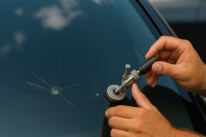 Technician repairing a cracked windshield using a professional resin injector tool with visible chips and cracks on the glass.