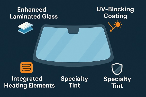 Wide illustrated infographic showing a modern windshield surrounded by icons and labels for enhanced laminated glass, UV-blocking coating, integrated heating elements, and specialty tint.