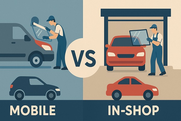 Illustration comparing mobile and in-shop auto glass replacement with technicians working on vehicles in two settings, outdoor driveway and indoor garage.