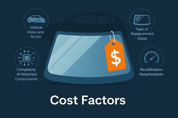 Wide illustrated graphic showing a windshield with an orange price tag, surrounded by icons representing factors that affect windshield replacement cost such as vehicle model, glass type, component complexity, and recalibration requirements.