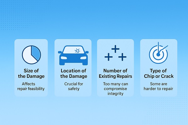 Infographic showing four key factors that determine whether multiple windshield repairs are safe, including size, location, number of repairs, and type of damage.