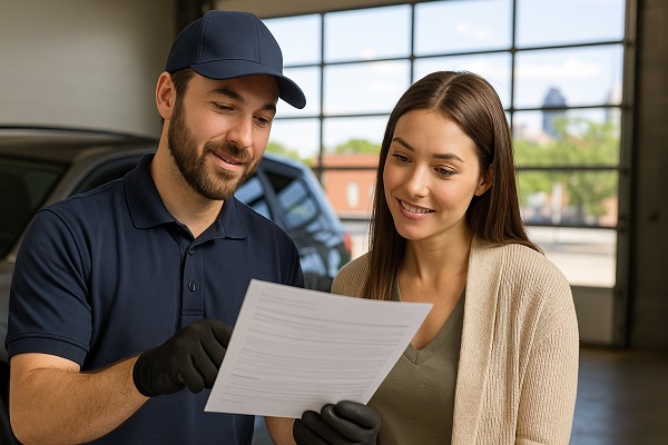 Auto glass technician in Denver discussing repair options with a customer inside a bright workshop.
