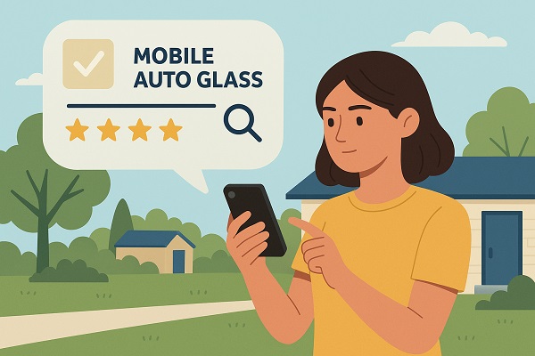 A woman researching reliable mobile auto glass services on her smartphone outdoors, with review stars and search results visible.