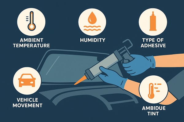 Wide illustrated graphic showing a technician applying automotive adhesive to a windshield with icons representing temperature, humidity, adhesive type, and vehicle movement as factors affecting curing.