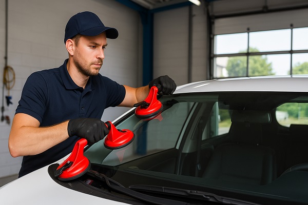 Mobile auto glass technician quickly replacing a car windshield in a sunny Denver setting.