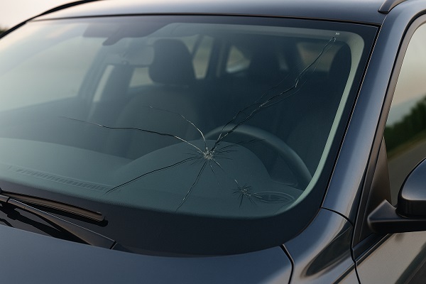 Wide image of a car with a severely cracked windshield showing long spreading cracks, indicating the need for windshield replacement.