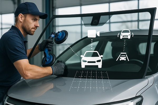 Technician installing a modern windshield with digital ADAS calibration graphics displayed on the glass inside an auto repair shop.