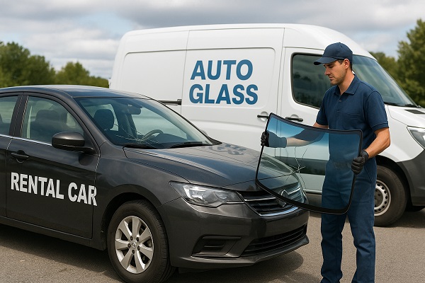 Mobile auto glass technician replacing a cracked windshield on a rental car in a parking lot, with a service van and tools nearby.