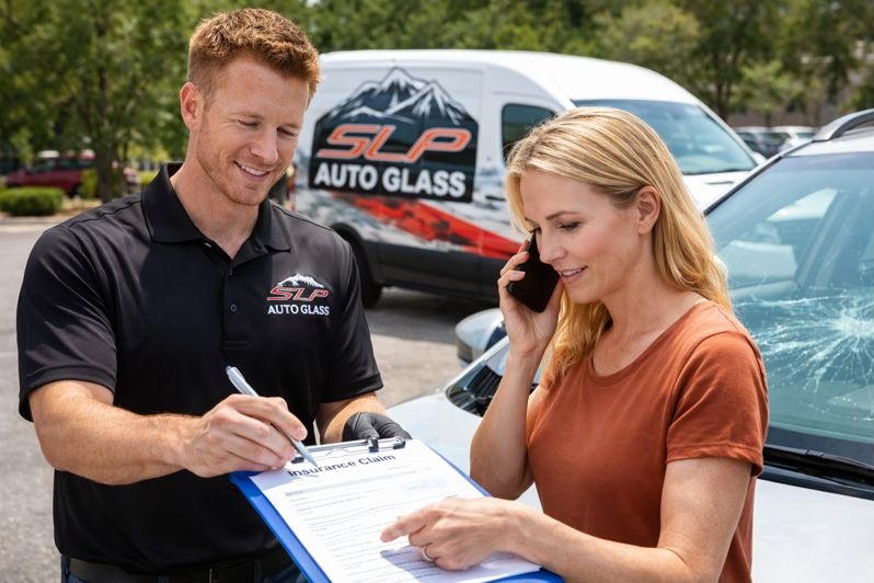 SLP Auto Glass assisting with auto glass insurance claim during windshield service in Lakewood and Denver CO