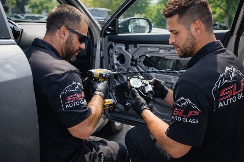 SLP Auto Glass technicians performing window motor repair on vehicle auto glass in Denver and Lakewood CO