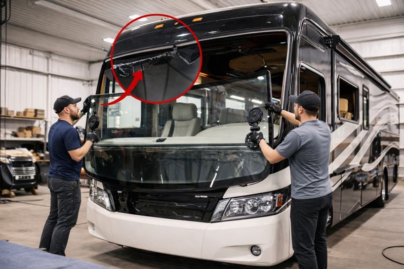 Improper RV windshield replacement showing misaligned glass and uneven sealant during motorhome windshield installation