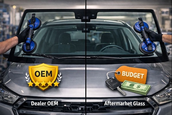 Side-by-side comparison of dealer OEM windshield glass and aftermarket auto glass installed on the same vehicle..