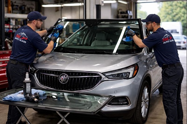 Complete Buick auto glass replacement performed by SLP Auto Glass technicians using professional windshield installation tools
