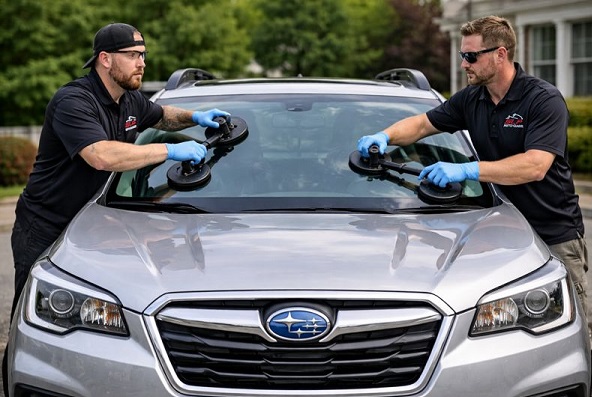 Complete Subaru auto glass replacement by SLP Auto Glass technicians installing a new windshield on-site