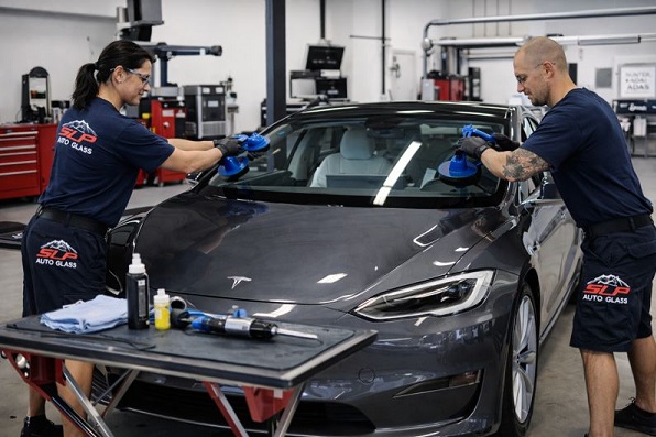SLP Auto Glass technicians performing complete Tesla windshield replacement in a modern auto glass repair shop
