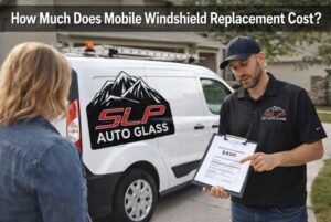 Mobile windshield replacement technician from SLP Auto Glass providing a price estimate to a customer at her home with a branded service van.