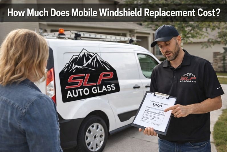 Mobile windshield replacement technician from SLP Auto Glass providing a price estimate to a customer at her home with a branded service van.