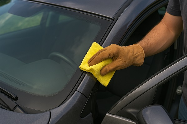 Gloved hand cleaning the edge of a car windshield with a yellow microfiber cloth to help prevent future windshield seal leaks.