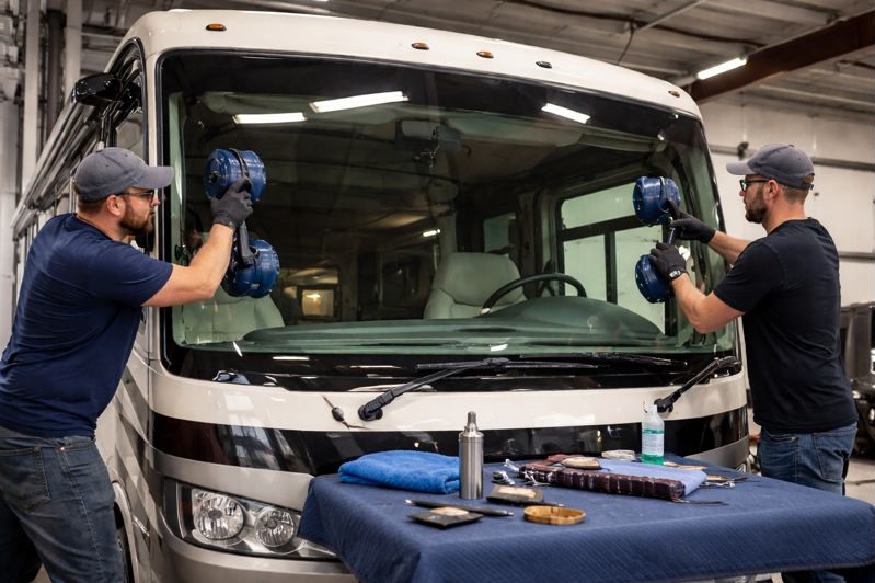 RV windshield replacement by certified technicians at SLP Autoglass using professional glass installation tools