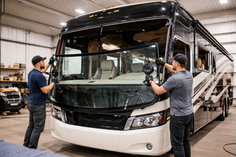 RV windshield installation service with certified technicians fitting a full-size motorhome windshield in a professional repair facility