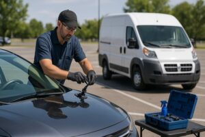 Mobile windshield technician repairing a rental car’s cracked windshield in a parking lot with a service van and tools nearby.