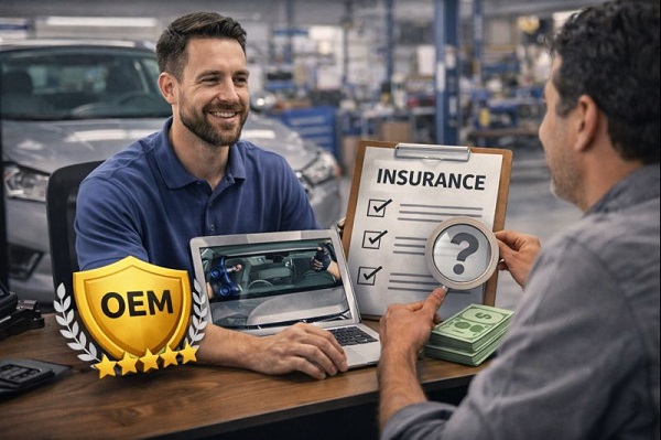 Vehicle owner reviewing auto glass options with a service advisor beside a car in a professional repair facility.