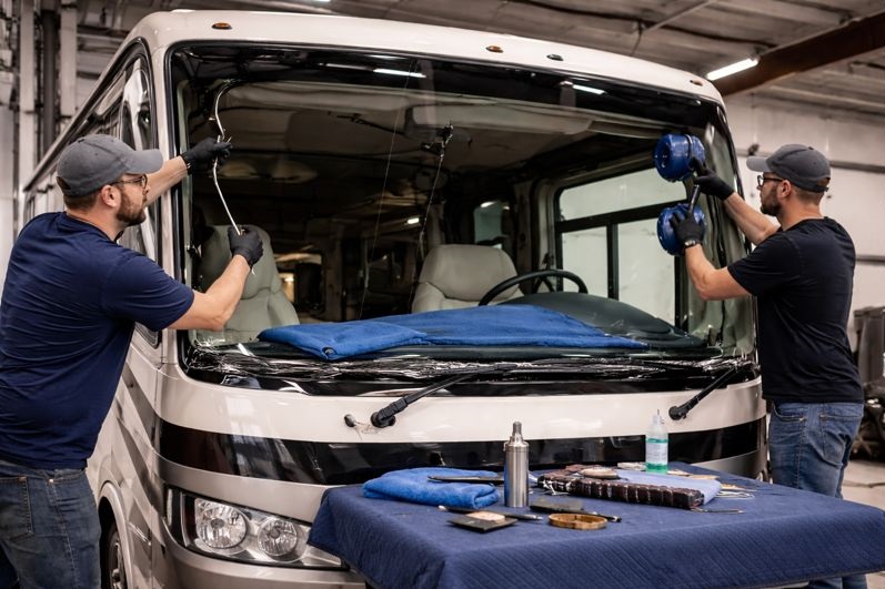 RV windshield removal performed by trained technicians at SLP Autoglass using professional glass removal tools