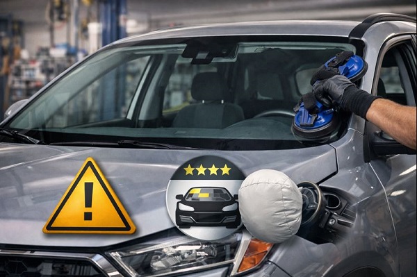 Modern vehicle windshield demonstrating structural safety with airbags deployed and advanced driver assistance sensors visible behind the glass.