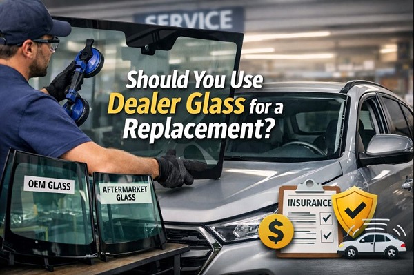 Auto glass technician installing dealer OEM windshield on a modern vehicle in a repair shop, illustrating dealer glass replacement considerations.