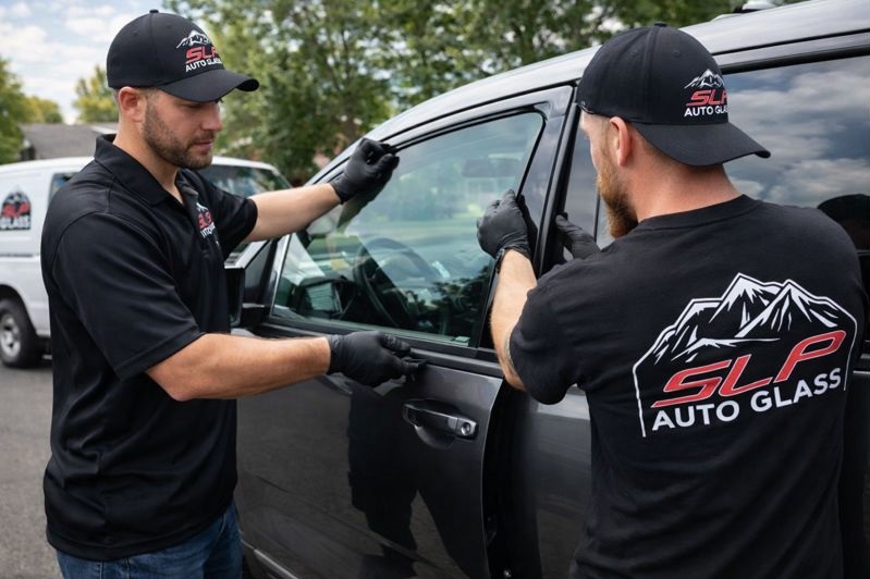 SLP Auto Glass technicians replacing a side window autoglass on a vehicle in Lakewood Colorado