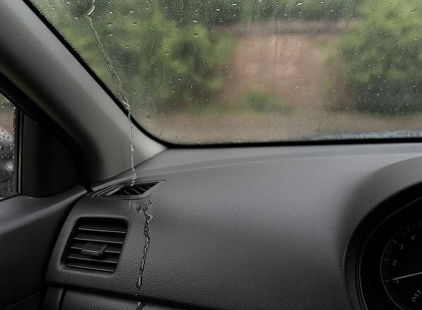 Water leaking down the inside of a car windshield onto the dashboard during rain, showing a clear sign of a failing windshield seal.