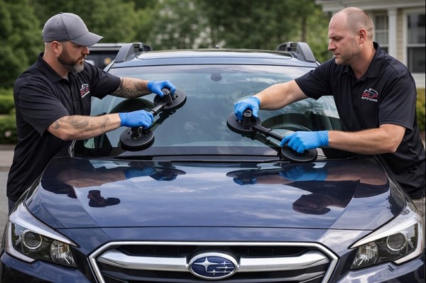 Subaru windshield replacement by SLP Auto Glass technicians installing new auto glass at a residential location
