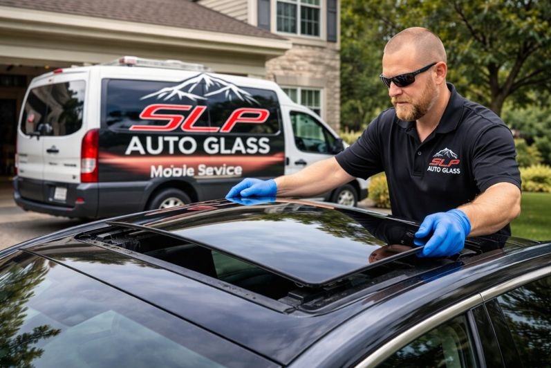 SLP Auto Glass technician replacing sunroof auto glass with free mobile service in Denver and Lakewood