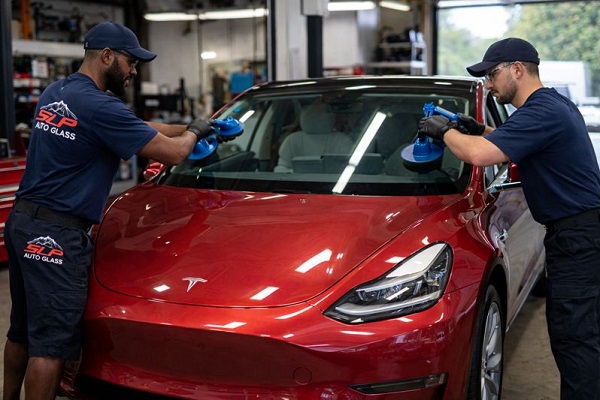 SLP Auto Glass technicians performing Tesla windshield repair using professional auto glass tools in a repair shop