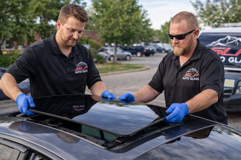 SLP Auto Glass technicians installing sunroof auto glass with free mobile service in Lakewood and Denver