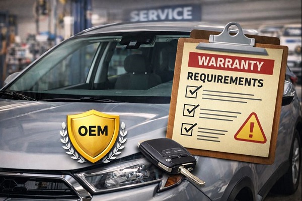 Close-up of a vehicle windshield with manufacturer markings and documentation, representing warranty and OEM glass requirements.