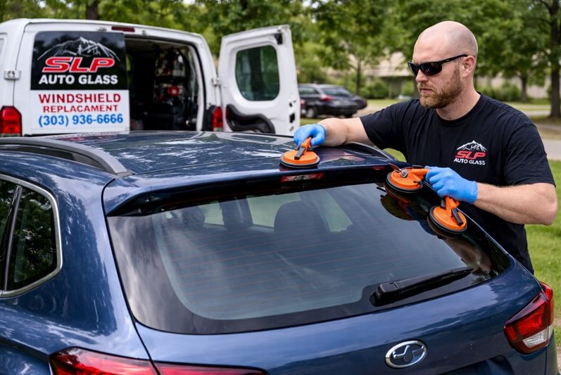 SLP Auto Glass technician installing rear windshield in Lakewood and Denver CO