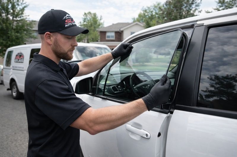 SLP Auto Glass technician installing a side window autoglass on a vehicle in Denver Colorado