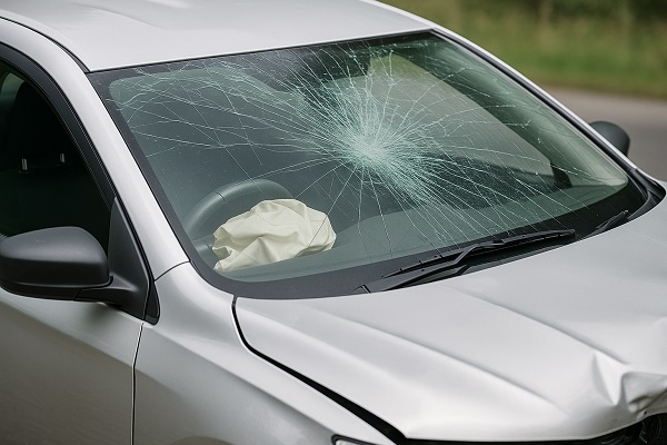 Car with a severely cracked windshield and deployed airbag after a collision, highlighting the importance of proper windshield sealing for safety.