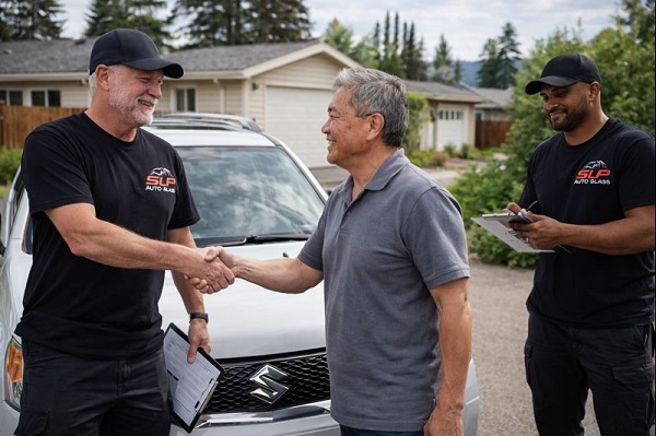 Suzuki owner shaking hands with SLP Auto Glass technician after professional windshield service